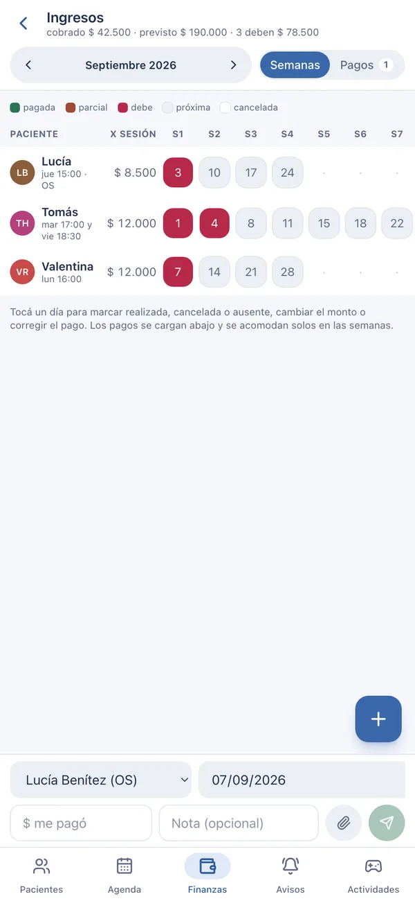 El mes por semanas: pagada, parcial, debe.